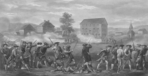 Framed American Minutemen Being Fired Upon by British troops Print