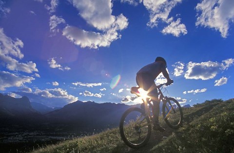 Framed Mountain Biker at Sunset, Canmore, Alberta, Canada Print