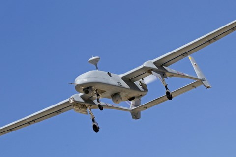 Framed IAI Heron unmanned aerial vehicle in flight over Israel Print