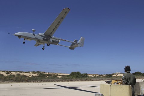 Framed IAI Heron Unmanned Aerial Vehicle takes off the runway Print