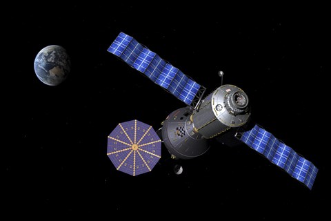 Framed Artist&#39;s concept of the Deep Space Vehicle docked to the Extended Stay Module Print