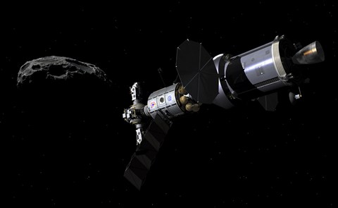 Framed Deep Space Mission Vehicle approaching an asteroid Print