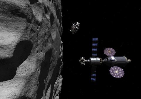 Framed Manned Maneuvering Vehicle descends toward the surface of a small asteroid Print
