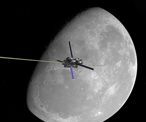 Framed manned lunar space elevator ascends from the surface of the moon Print