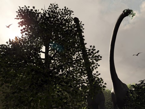 Framed pair of Sauroposeidon feed on the leaves of an American Sycamore Print