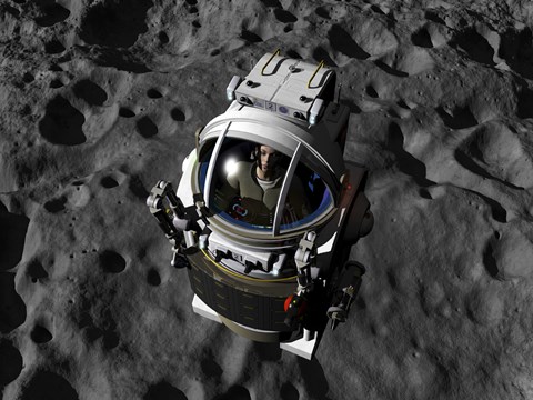 Framed astronaut piloting a Manned Maneuvering Vehicle above the surface of an asteroid Print