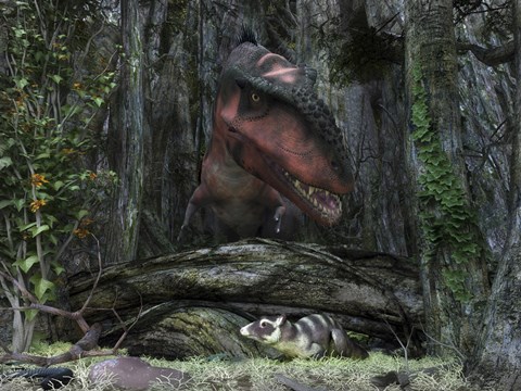 Framed rat-sized Purgatorius hides from a Bistahieversor dinosaur in a cretaceous forest Print