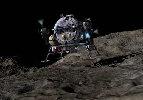 Framed manned Asteroid Lander prepares to land on the surface of an asteroid Print