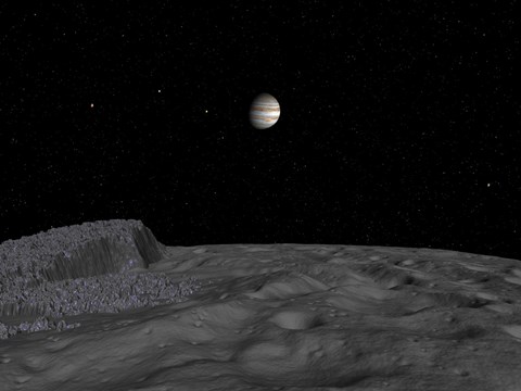 Framed Artist&#39;s Concept of a View Across The Surface of Themisto towards Jupiter and its Moons Print