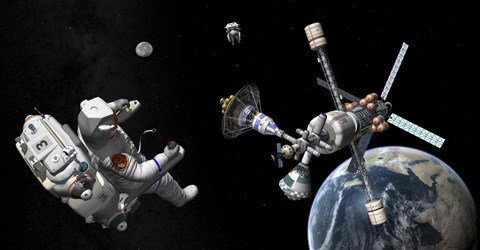 Framed Mars Cycler Travels by the Earth While Two Astronauts Watch From Afar Print