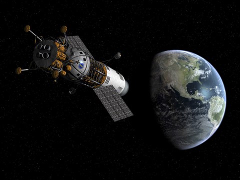 Framed Illustration of a Lunar Tug Propelling itself into Earth Orbit Print