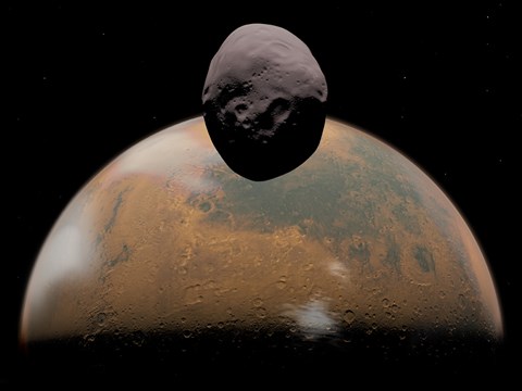 Framed Artist&#39;s Concept of Mars and its Tiny Moon Phobos Print