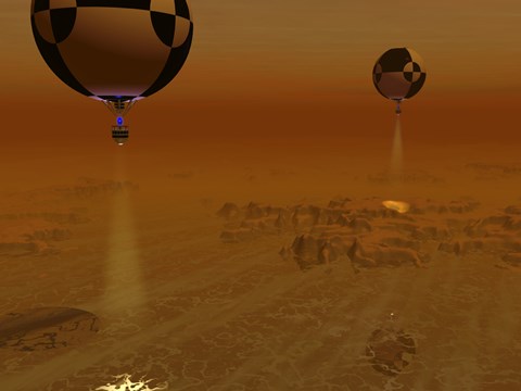 Framed Pair of Balloon-Borne Probes Leisurely Survey the Surface of Titan Print
