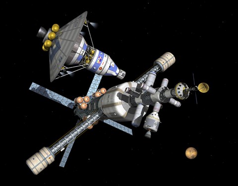 Framed Manned Mars Lander/Return Vehicle Disembarks from a Mars Cycler Print