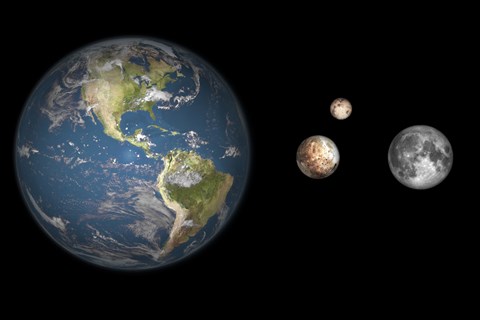 Framed Artist&#39;s concept of the Earth, Pluto, Charon, and Earth&#39;s moon to scale Print