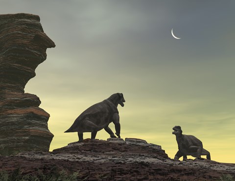 Framed Two Giant Moschops Face off on a Sandstone Mesa 250 Million years ago Print