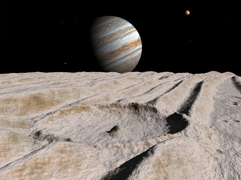 Framed Artist&#39;s Concept of an Impact Crater on Jupiter&#39;s Moon Ganymede, with Jupiter on the Horizon Print