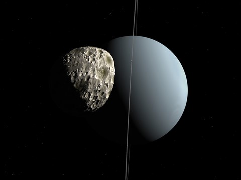 Framed Artist&#39;s concept of how Uranus and its Tiny Moon Puck Print