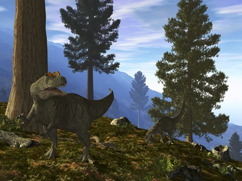 Framed Pair of Allosaurus Search for a Meal along a Mountainside Forest Print