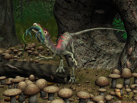 Framed Compsognathus prepares to swallow a small lizard Print