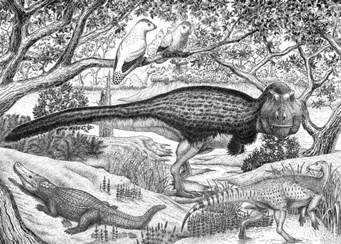 Framed Black ink Drawing of Extinct Animals From the Hell Creek Formation Print