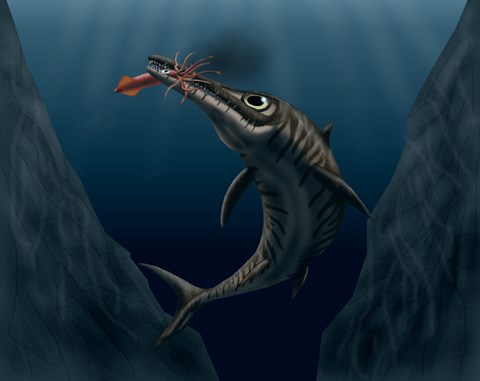 Framed Ophthalmosaurus Catches a Squid in the Deep Sea Print