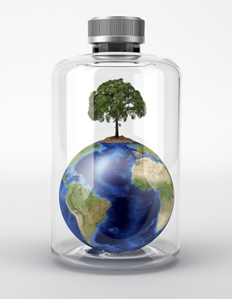 Framed Planet Earth with a Tree on Top, inside a Glass Bottle Print