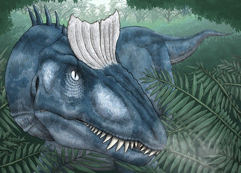Framed Cryolophosaurus Walking through a Jurassic Forest Print