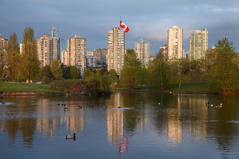 Framed Apartments reflected in Vanier Park Pond, Vancouver, British Columbia, Canada Print