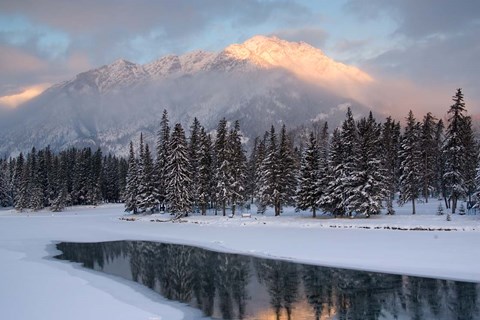 Framed View of Mt Edith and Sawback Range with Reflection in Spray River, Banff, Canada Print