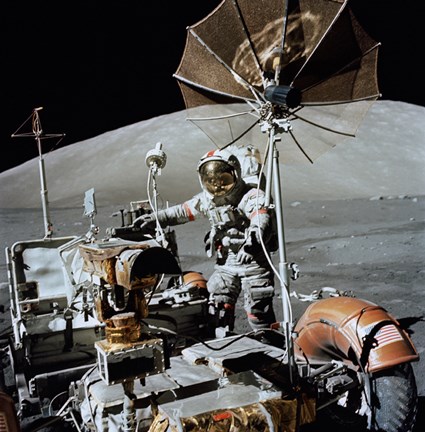 Framed Apollo 17 Astronaut Approaches the Parked Lunar Roving Vehicle Print