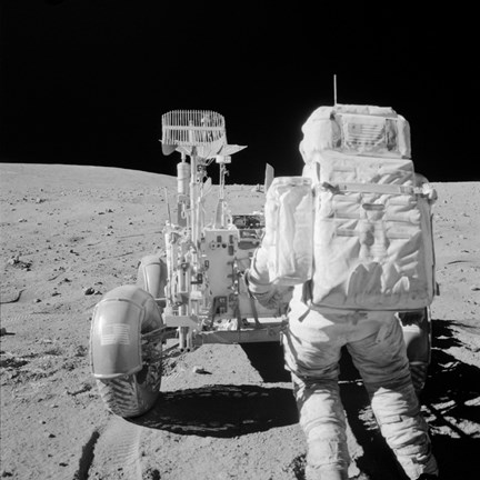 Framed Apollo 16 Astronaut Reaches for Tools in the Back of the Lunar Roving Vehicle Print