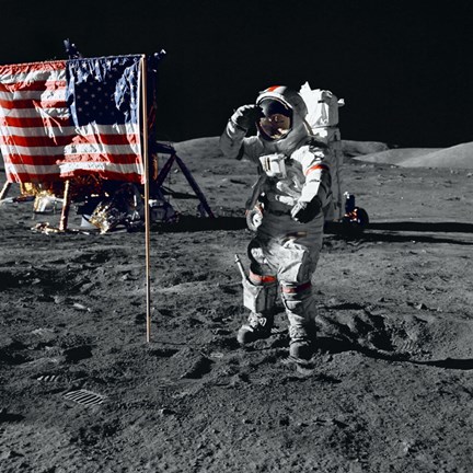 Framed Apollo 17 Astronaut Salutes the United States Flag on the Lunar Surface Print