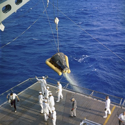 Framed Gemini-3 spacecraft is hoisted aboard the USS Intrepid during Recovery Print