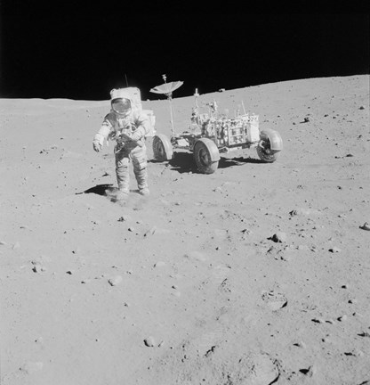 Framed Apollo 15 Astronaut Walks away from the Lunar Roving Vehicle Print