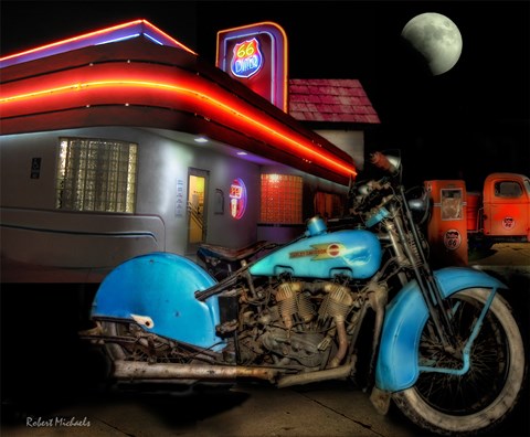 Framed Old Blue Harley on Route 66 Print