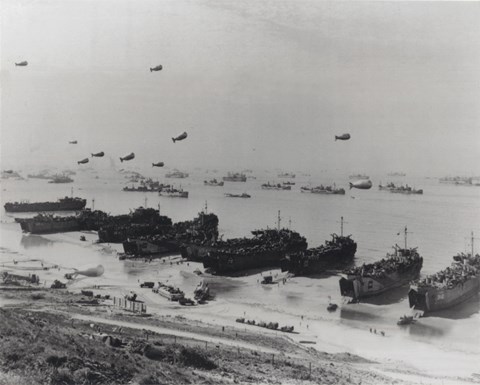 Framed Barrage balloons and shipping at Omaha Beach during the Allied amphibious assault Print