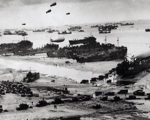 Framed Fleets of US transport and landing craft disgorge reinforcements and supplies for the US troops Print