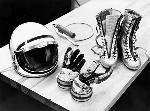 Framed Components of the Mercury Spacesuit Included Gloves, Boots and a Helmet Print
