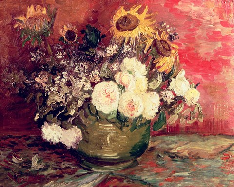 Framed Sunflowers, Roses and other Flowers in a Bowl, 1886 Print