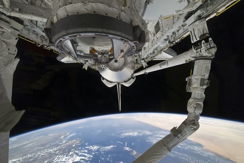 Framed View of Space Shuttle Discovery over Earth&#39;s horizon Print