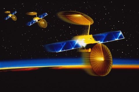 Framed Illustration of Satellites over Earth&#39;s Horizon Print