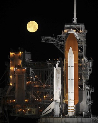 Framed Nearly full Moon Sets as Space Shuttle Discovery Sits Atop the Launch Pad Print