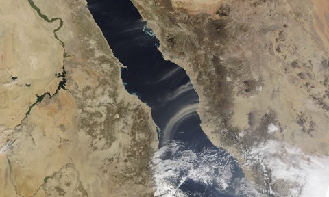 Framed Dust plumes blow off the coast of Saudi Arabia and over the Red Sea Print