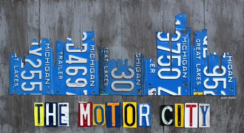 Framed Detriot City Skyline License Plate Print