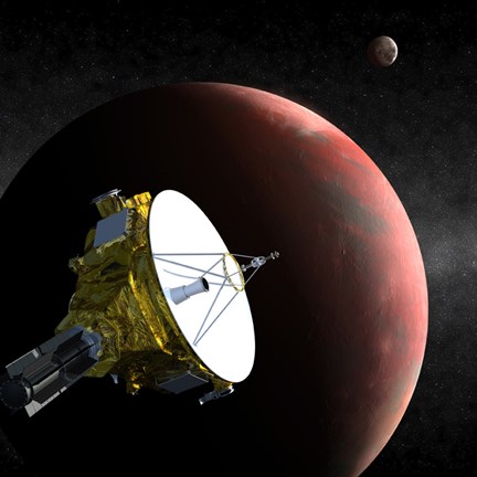 Framed Artist's Concept of the New Horizons Spacecraft as it Approaches Pluto and its Largest Moon, Charon Print