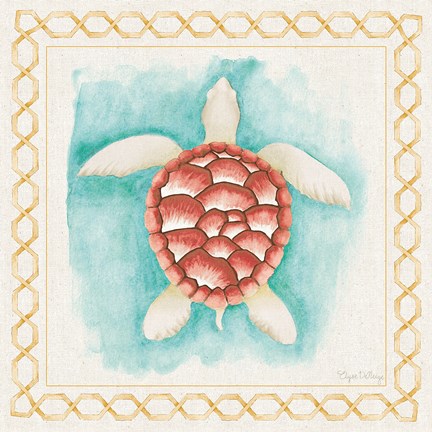 Framed Coastal Mist Sea Turtle Border Turquoise Print