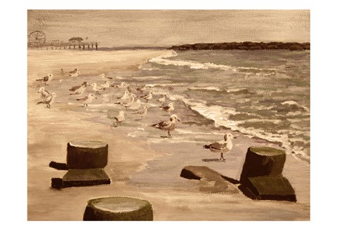 Framed Bradley Beach Sea Gulls Sepia 2 Print