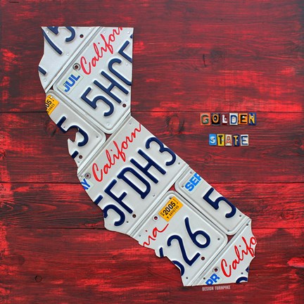 Framed California License Plate Map - Red Print