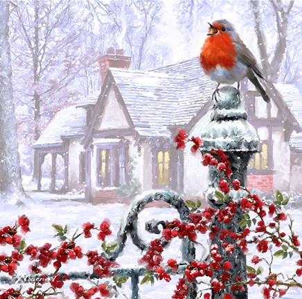 Framed Robin On Gatepost Print